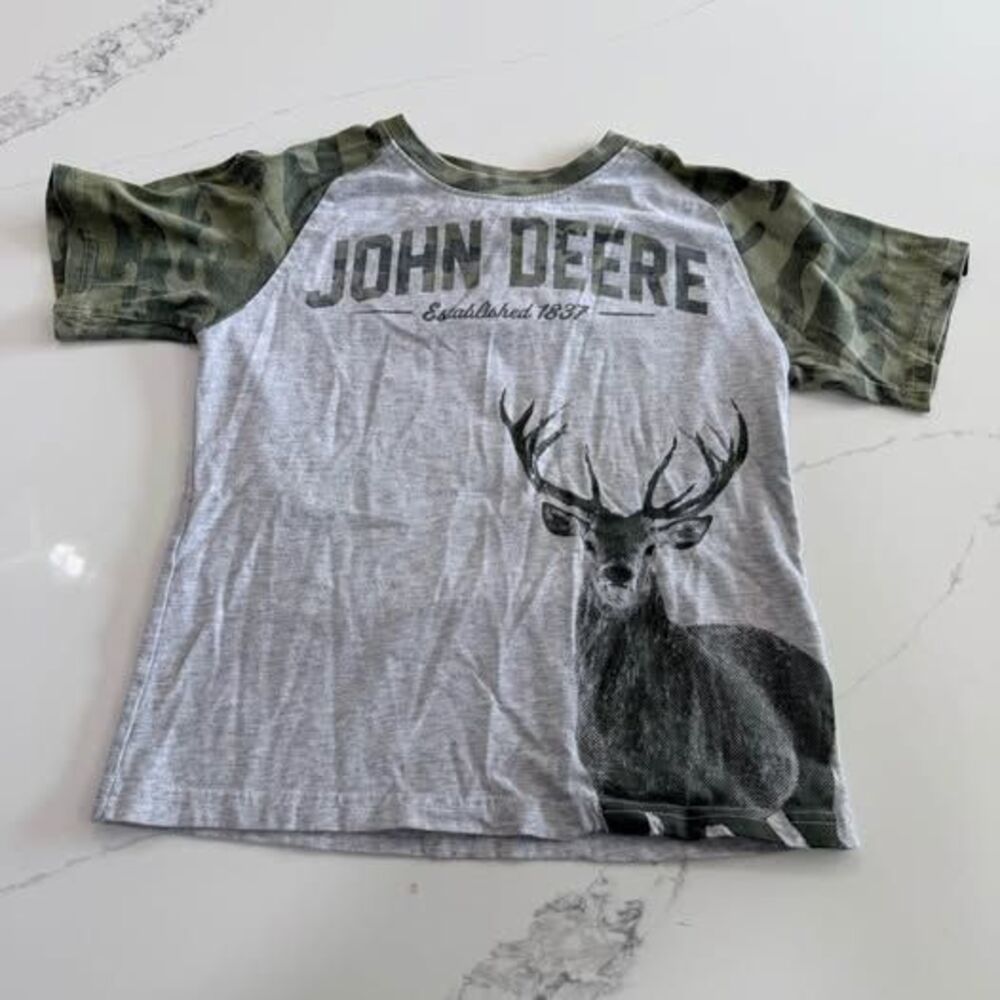 Boys John Deere shirt, camo sleeves, size 6